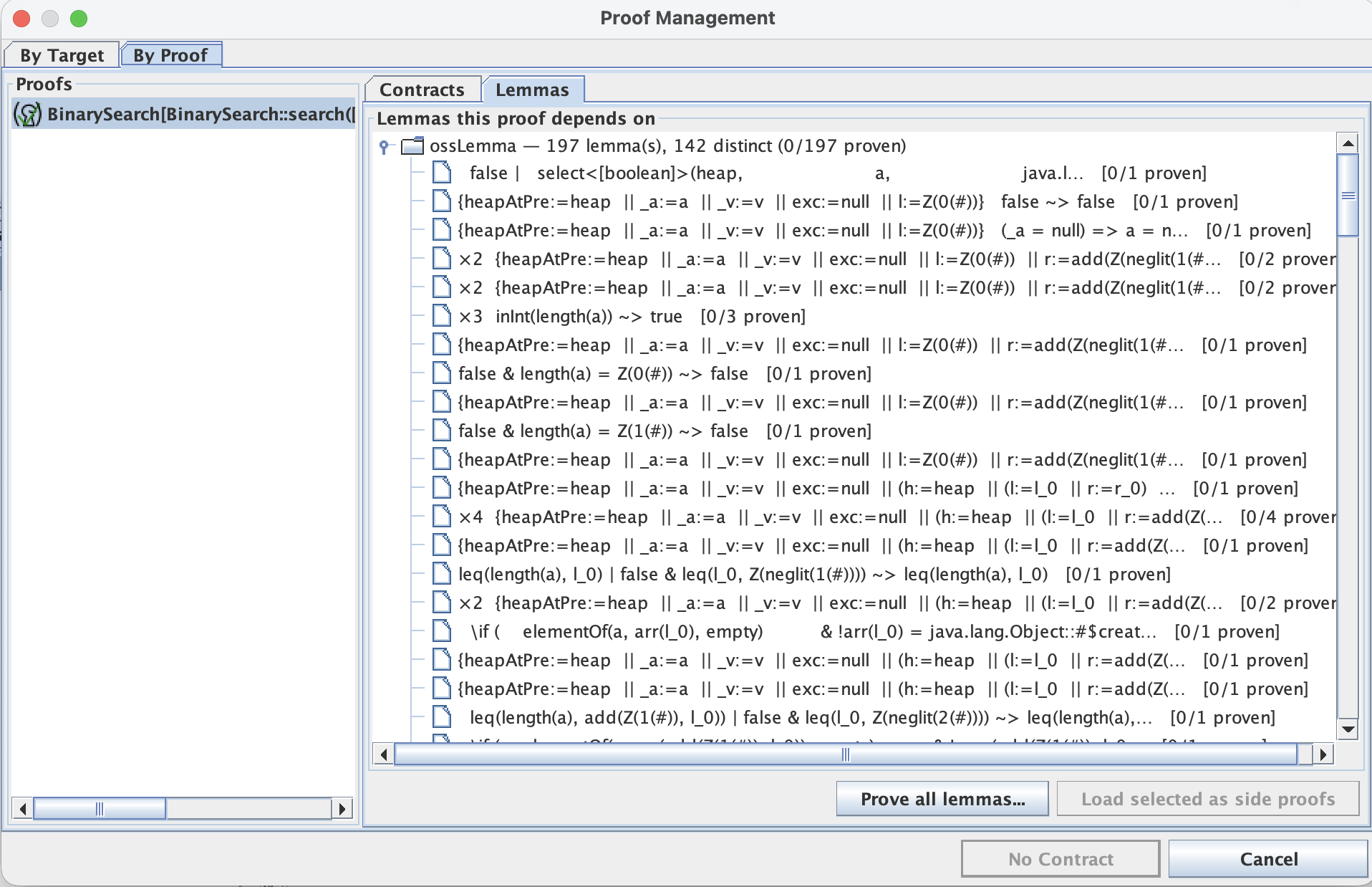 Proof Management, By Proof, Lemmas tab: lemmas grouped by generator and content