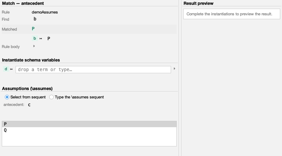 Selecting an assumes formula from the sequent